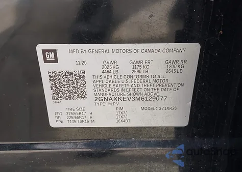 2021 Chevrolet Equinox Fwd Lt из США, поврежденный, VIN 2GNAXKEV3M6129077